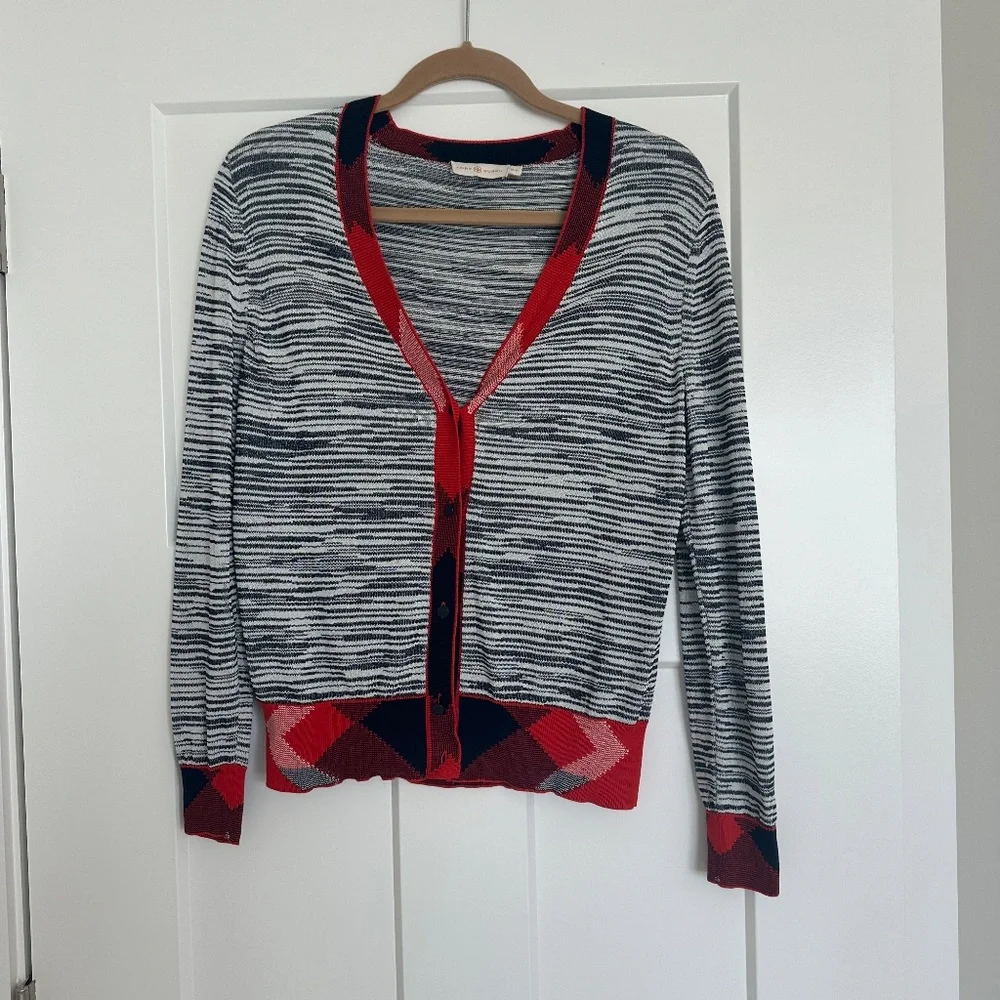 Tory Burch Red and Black Striped Cardigan